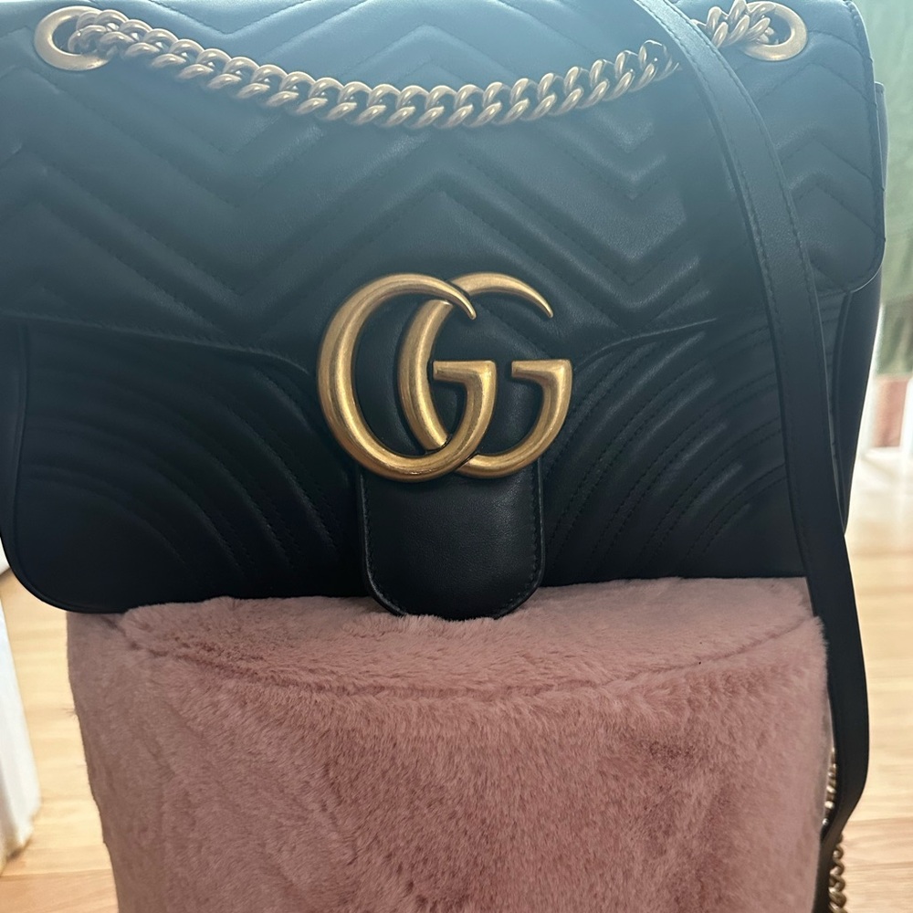 Gucci GG Marmont Top Handle Flap Bag Matelasse Leather Black